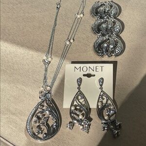 Monet Elegant Silver, Crystal and Pearl Teardrop Set